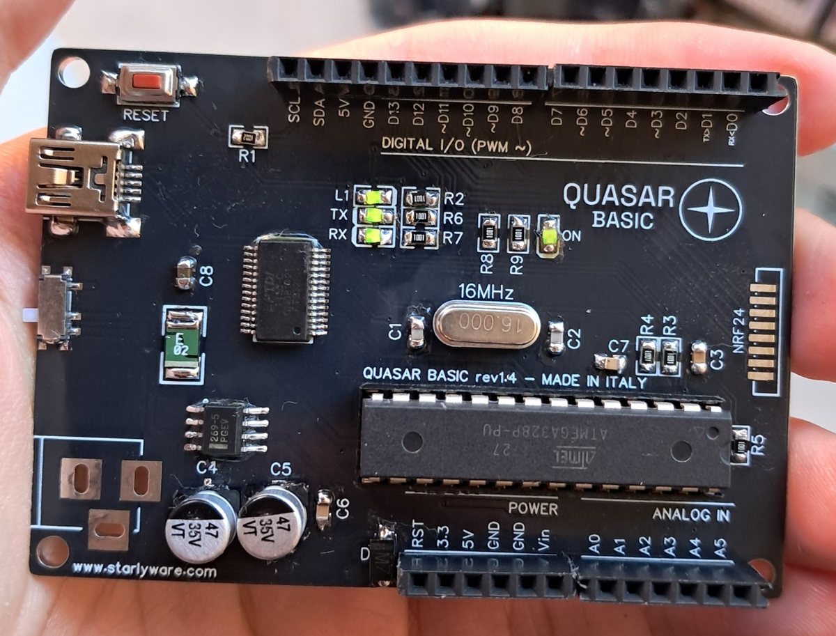 Quasar Basic rev1.4 development board, black PCB with ATmega328P and FT232RL