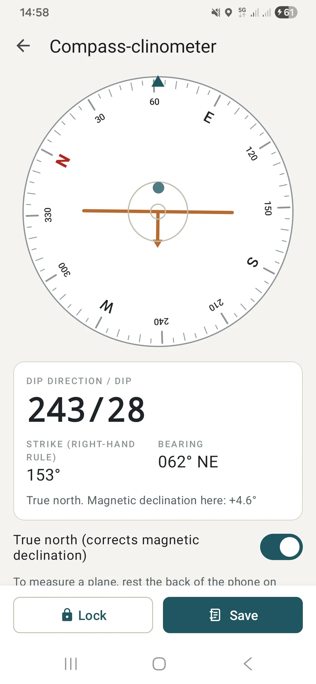 Geological compass and clinometer measuring strike and dip