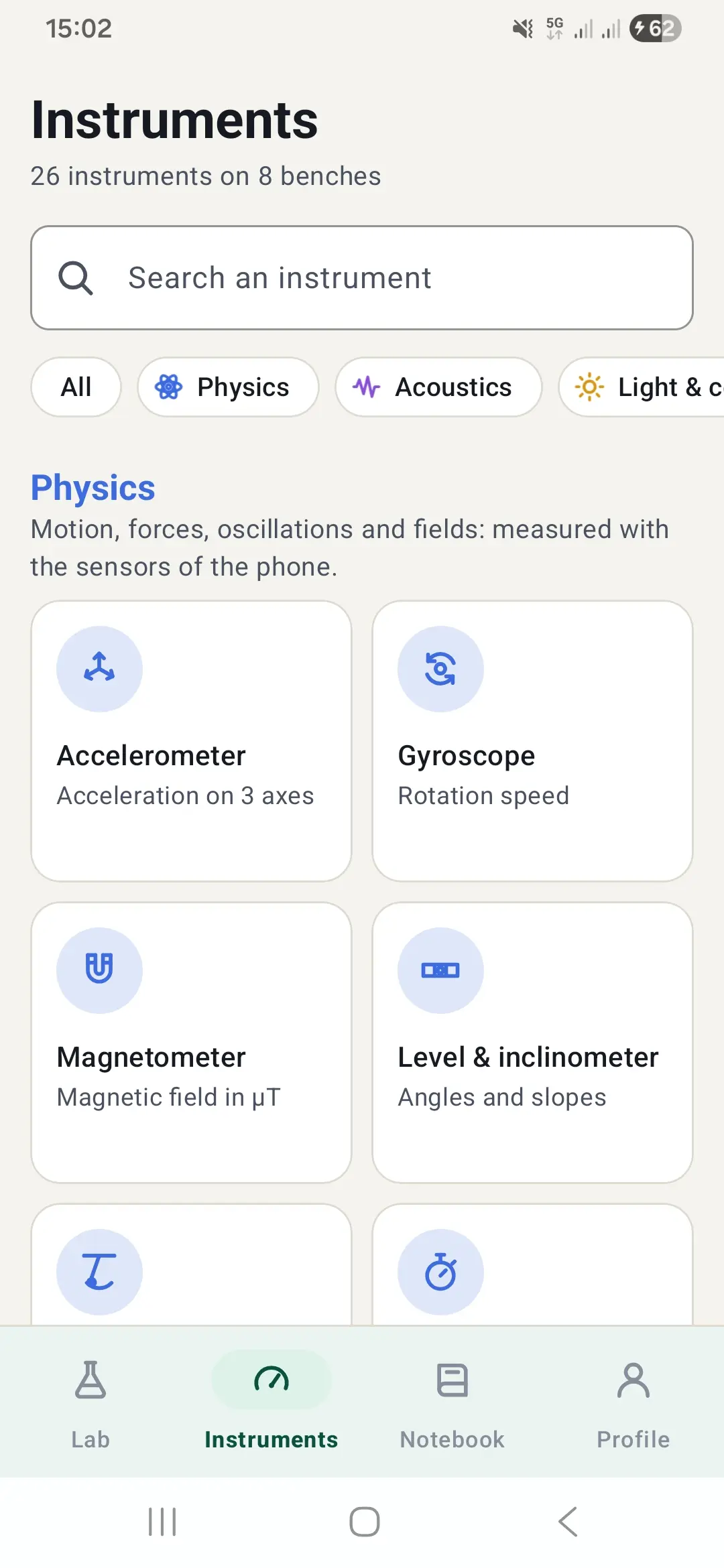 Grid of the 26 science instruments on 8 benches