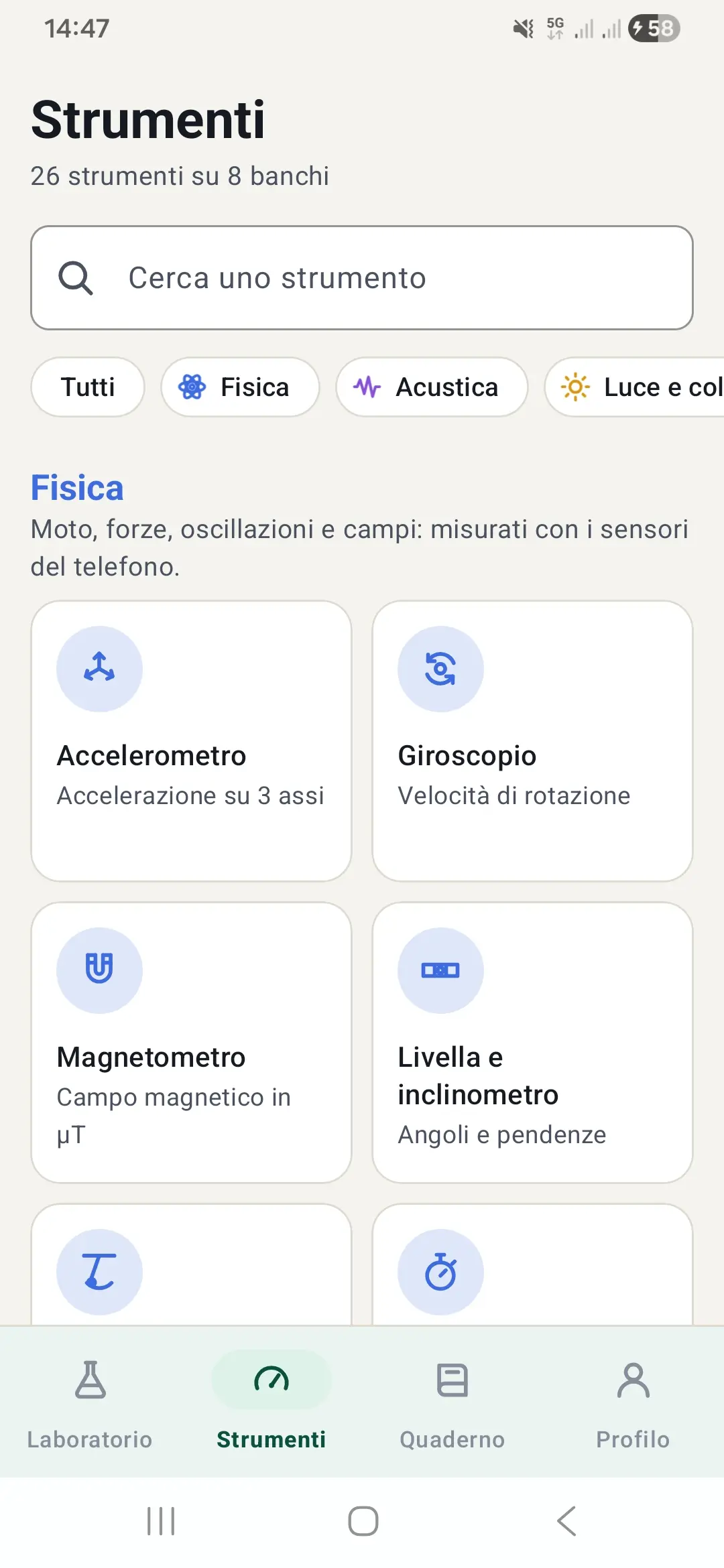 Griglia dei 26 strumenti scientifici divisi in 8 banchi