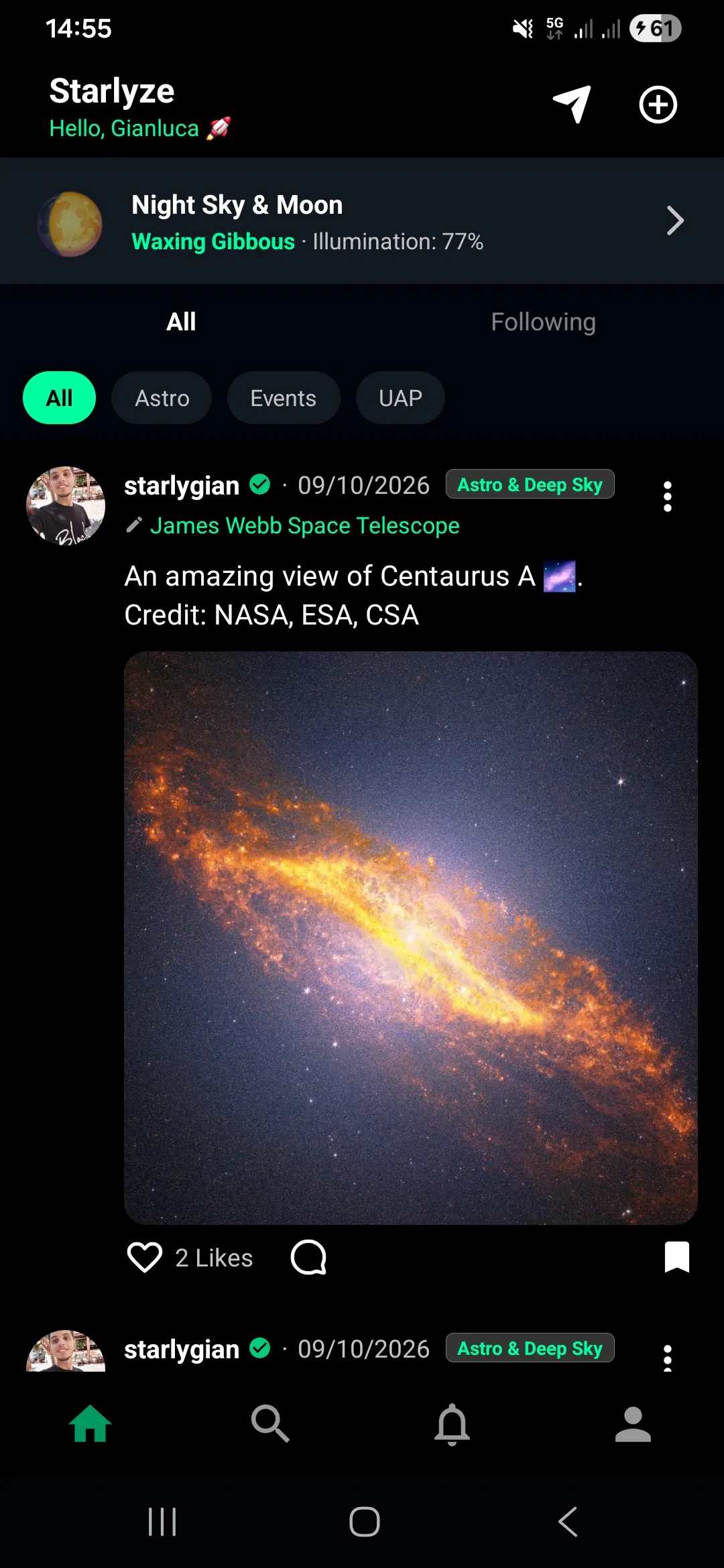 Starlyze feed with astrophotography posts