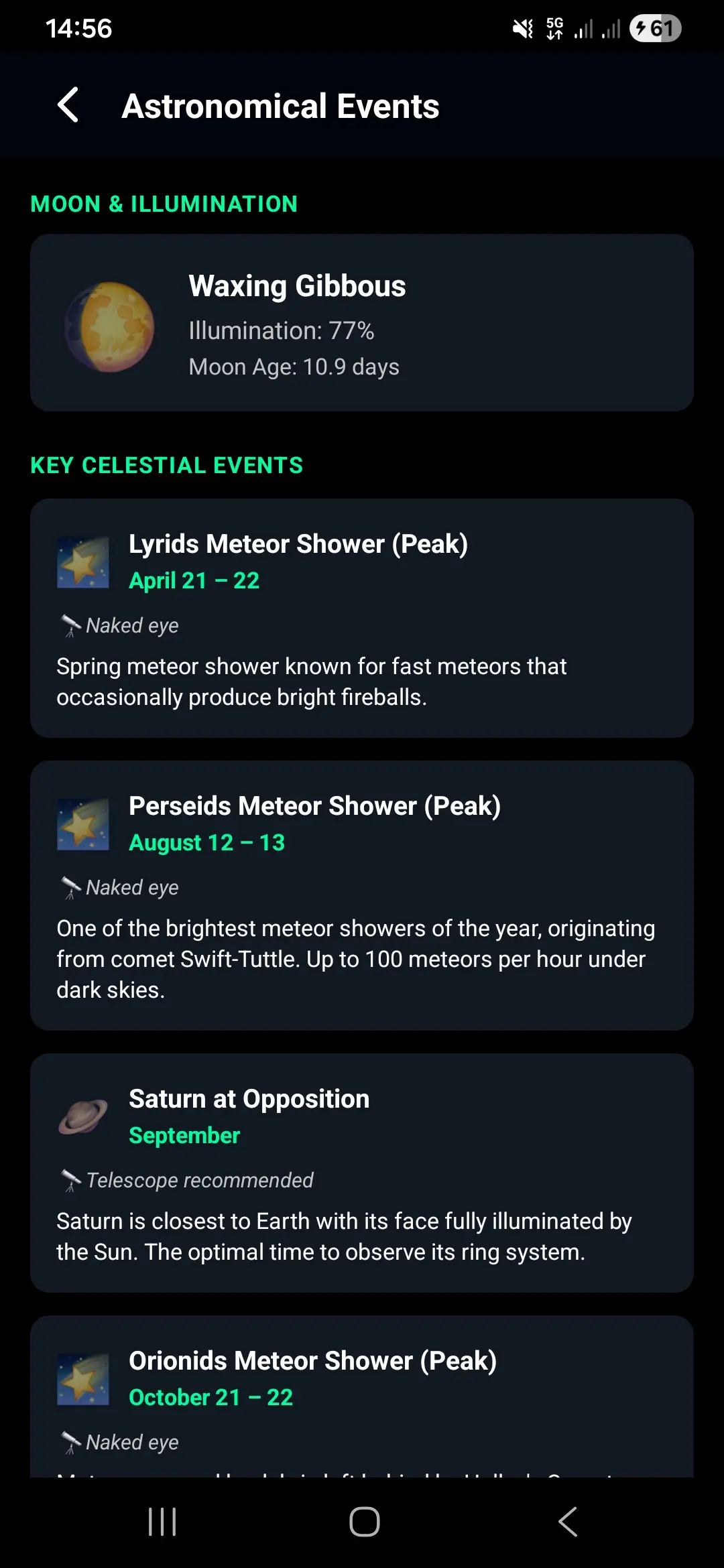 Live Moon phase and astronomical calendar with the best instrument for each event