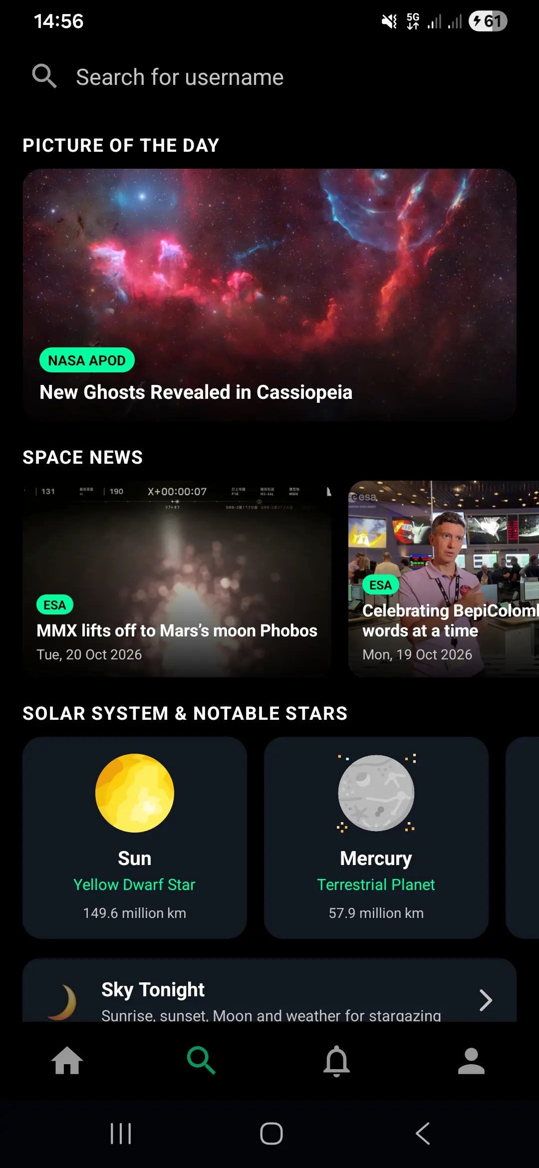 Explore section with NASA's Astronomy Picture of the Day, ESA space news and the Solar System