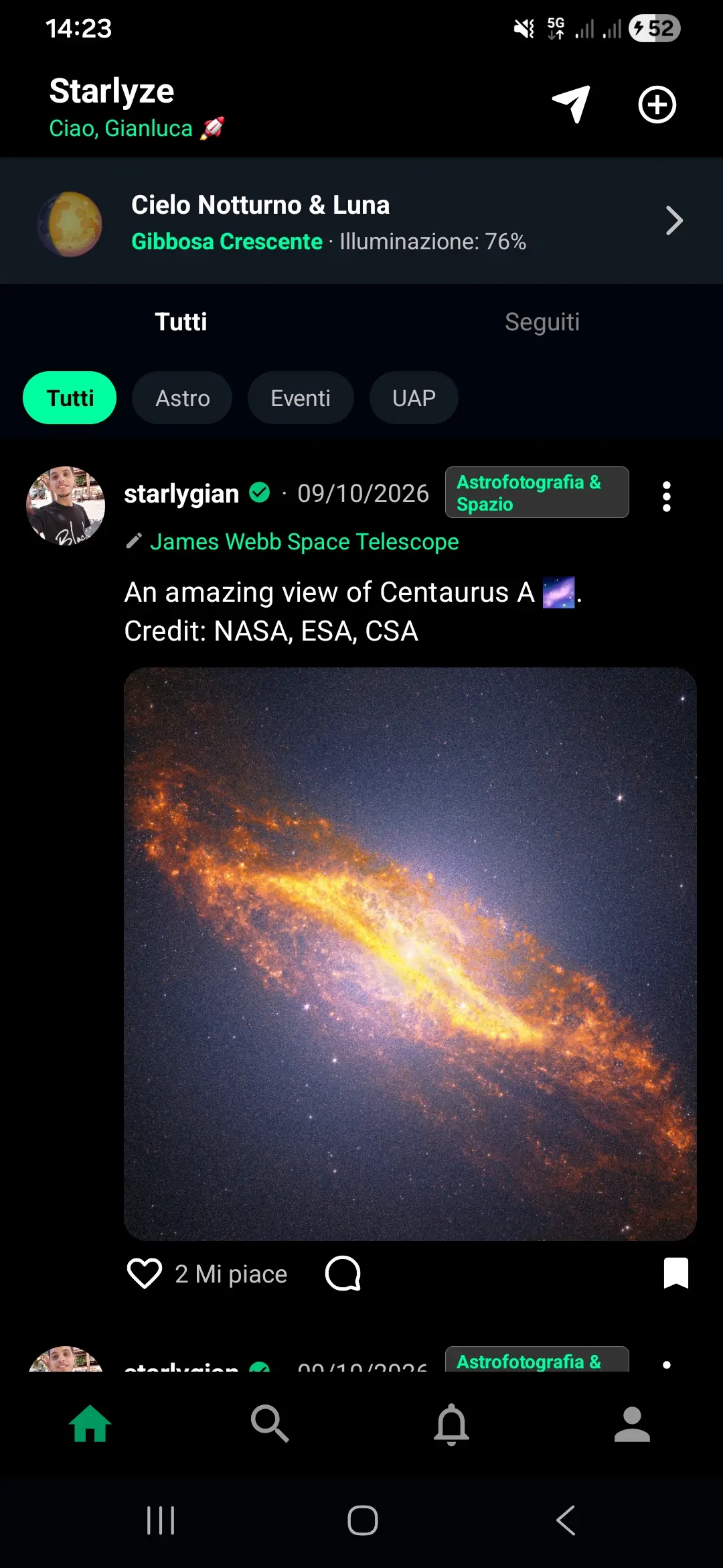 Feed di Starlyze con post di astrofotografia