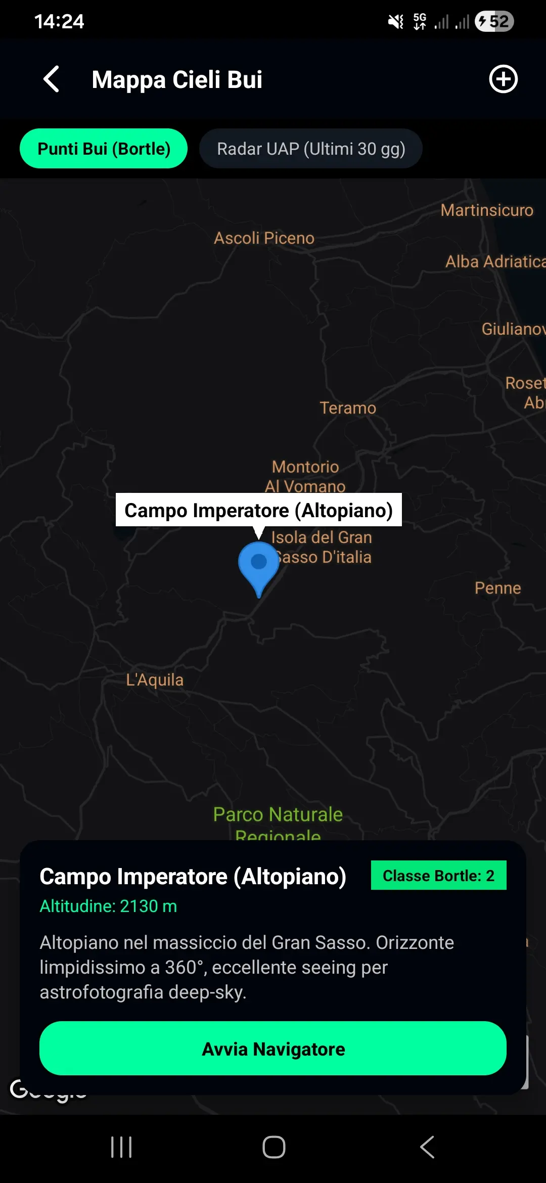 Mappa dei punti di osservazione con la classe di Bortle