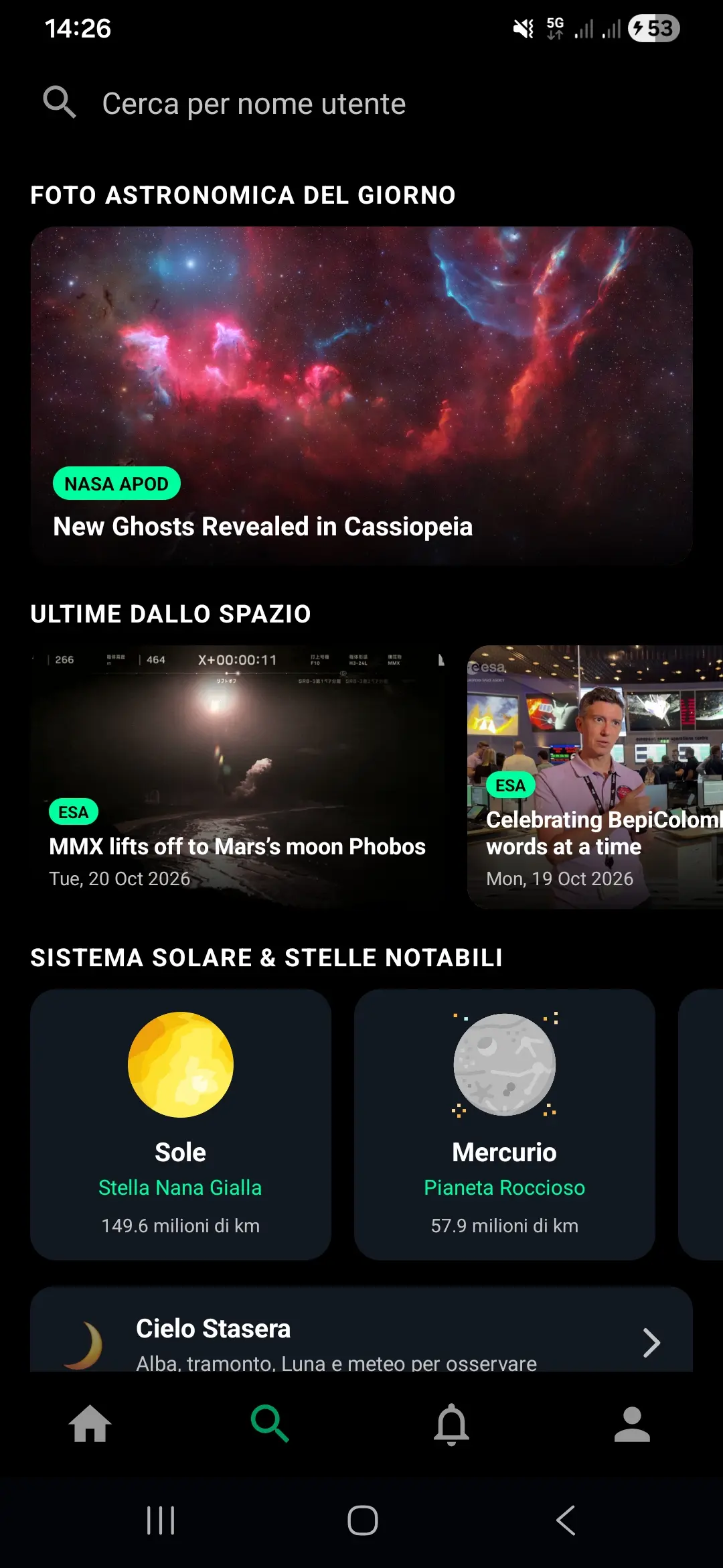 Sezione Esplora con l'Astronomy Picture of the Day della NASA, le notizie spaziali dell'ESA e il Sistema Solare
