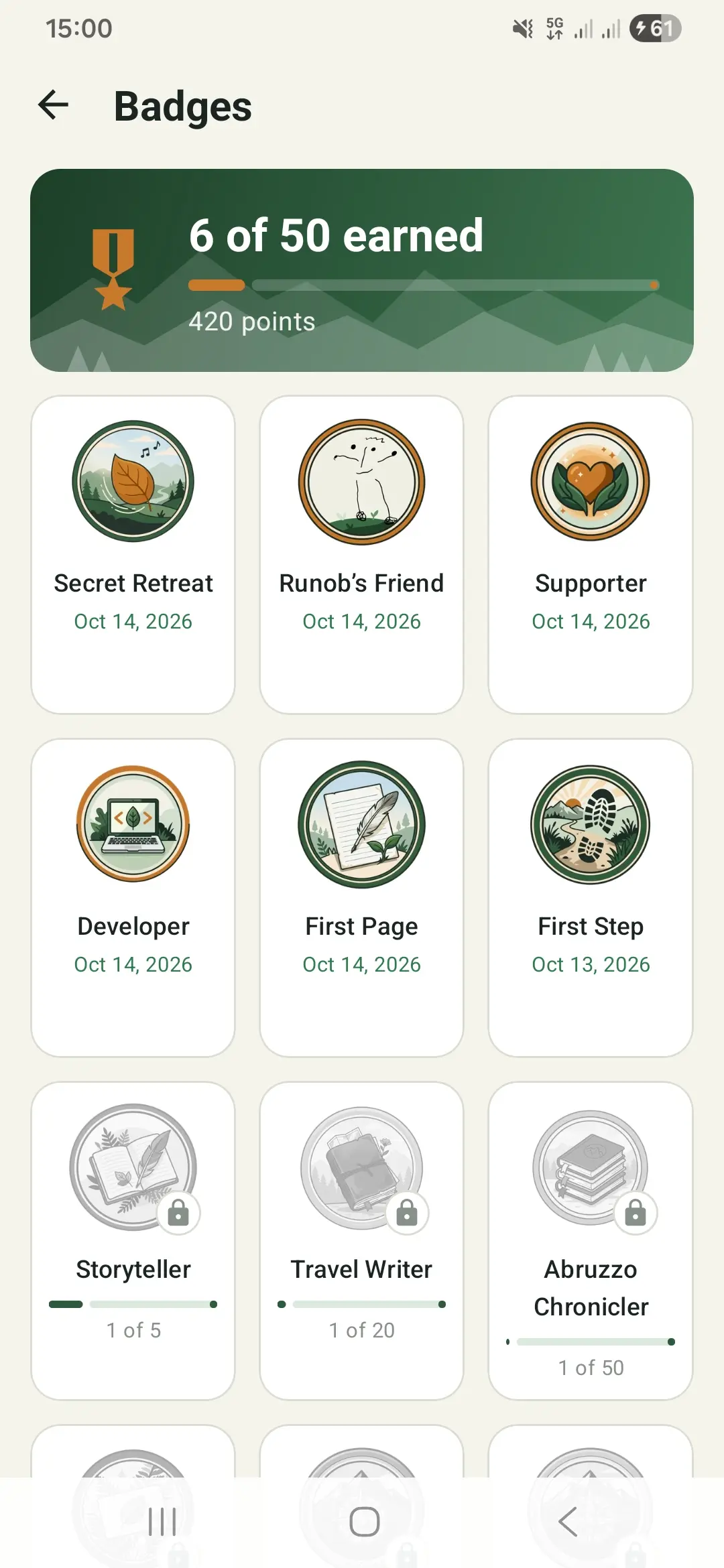 Badges and explorer levels earned with GPS check-ins