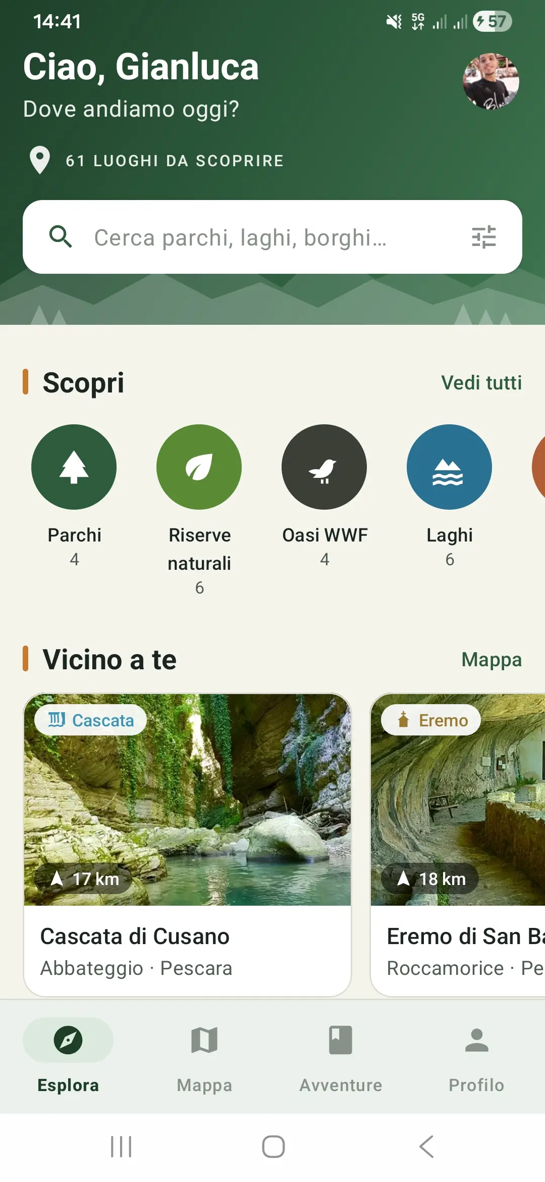 Luoghi d'Abruzzo divisi per categoria nell'app WildLife