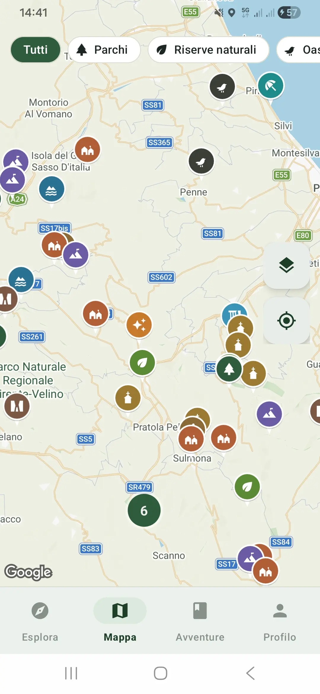 Mappa di parchi, riserve e sentieri d'Abruzzo