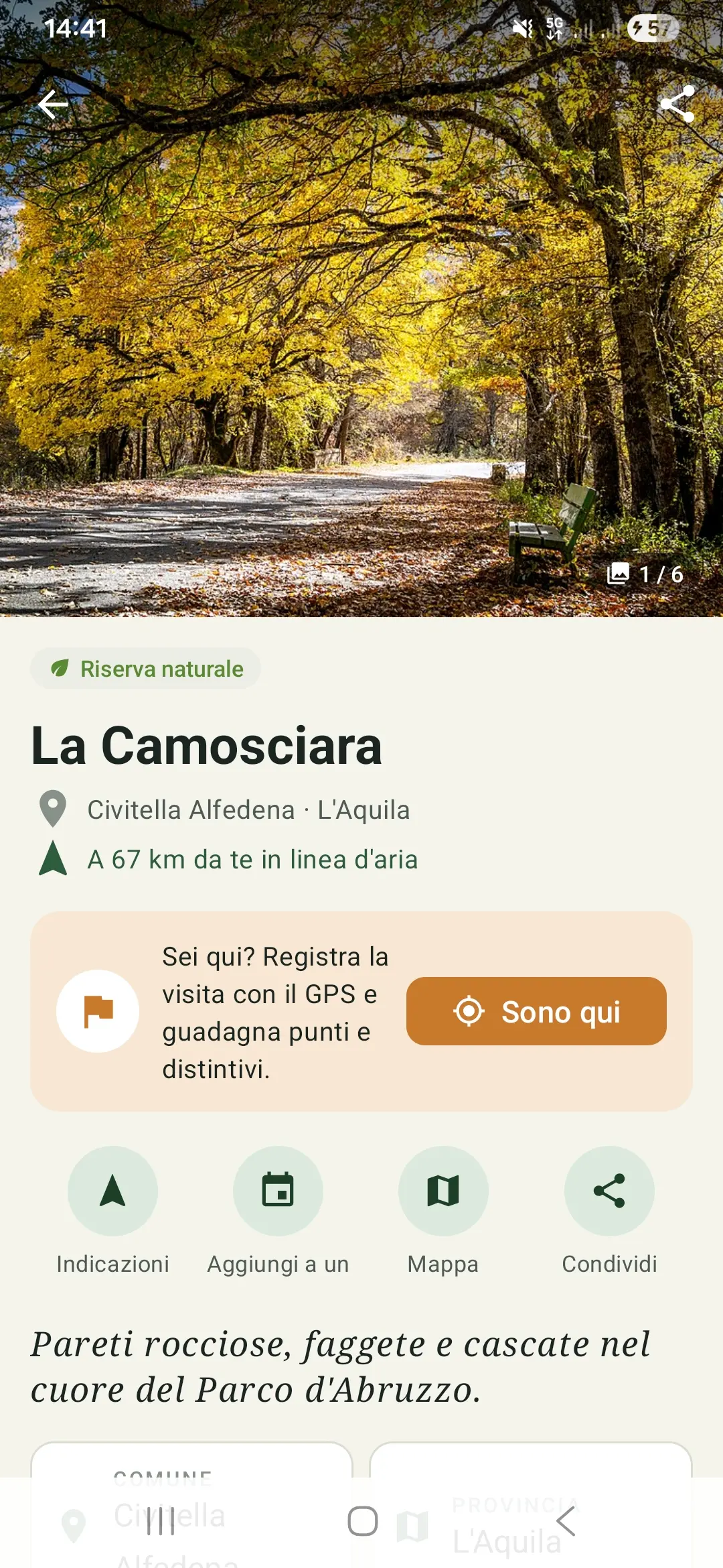 Scheda di un luogo con foto, dati del sentiero e meteo